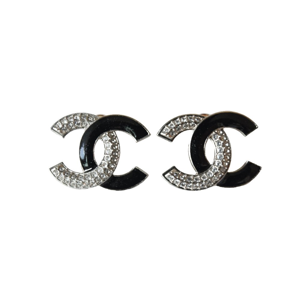 Chanel Cc 2 Tone Crystals Strass Enamel Stud Earrings Silver Black